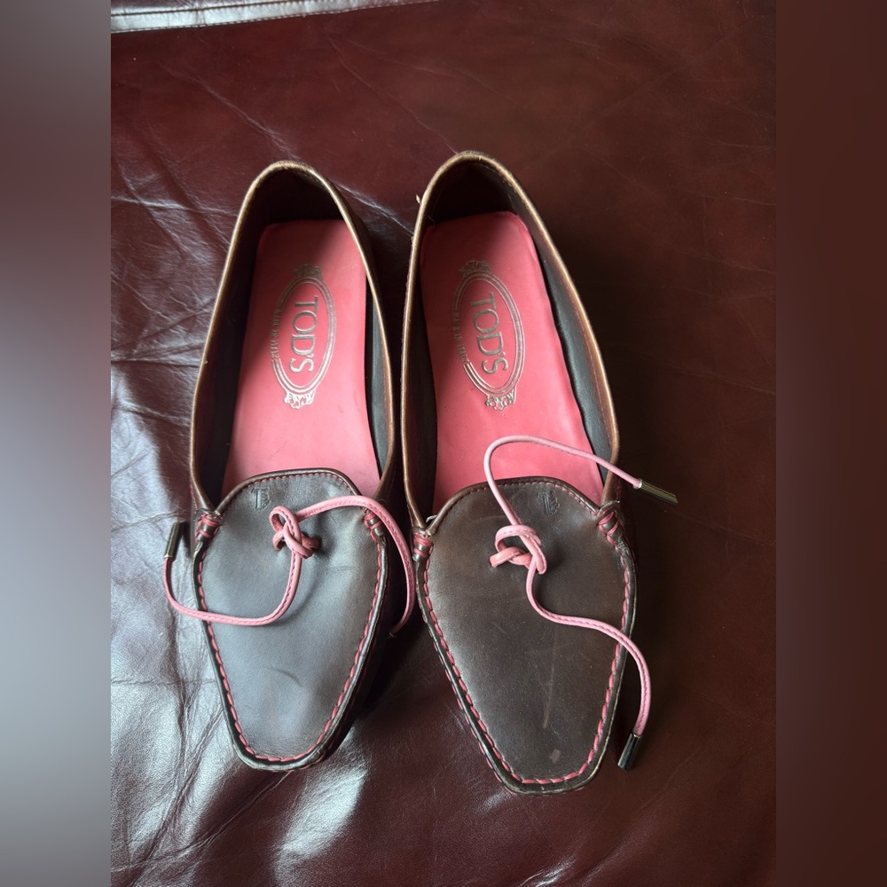 Tod's Brown Loafers with Pink Laces